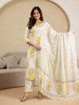 OffWhite Pure Cotton Floral Block Print Kurta Pant with Dupatta Set