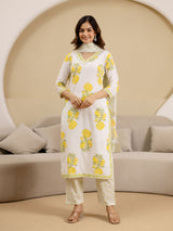 OffWhite Pure Cotton Floral Block Print Kurta Pant with Dupatta Set