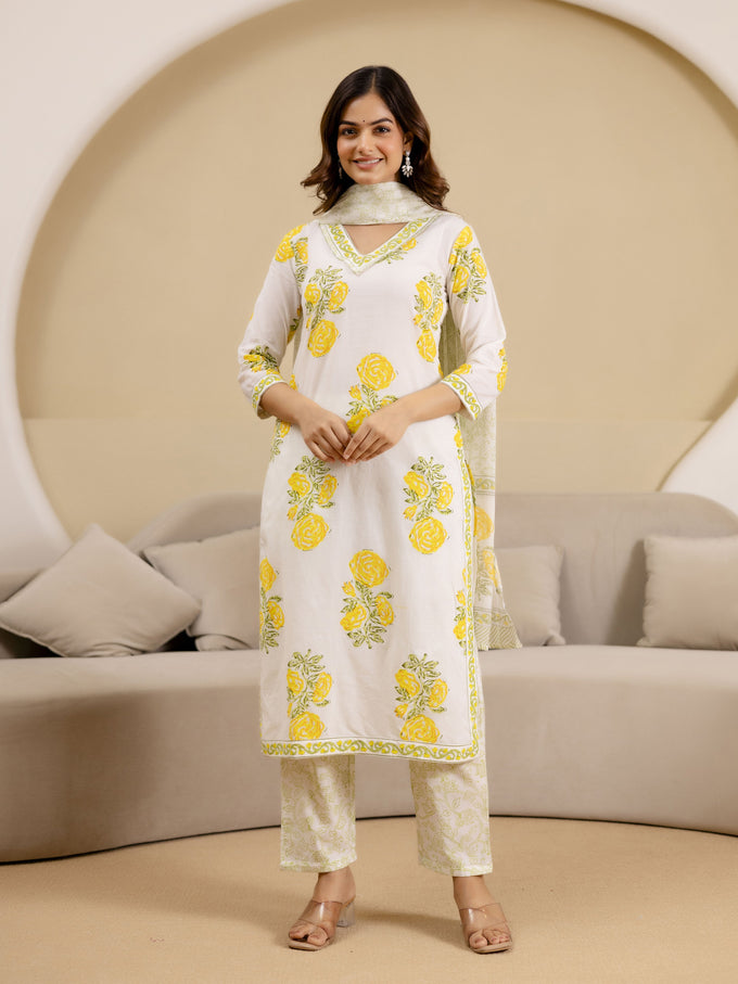 OffWhite Pure Cotton Floral Block Print Kurta Pant with Dupatta Set Trendmalls
