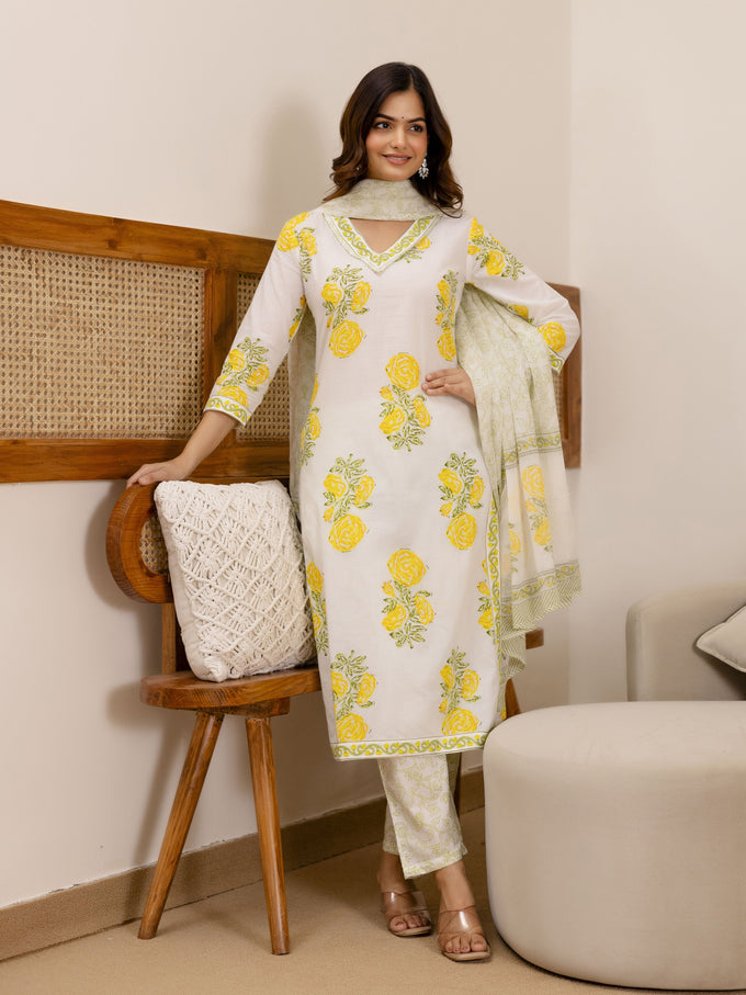 OffWhite Pure Cotton Floral Block Print Kurta Pant with Dupatta Set Trendmalls