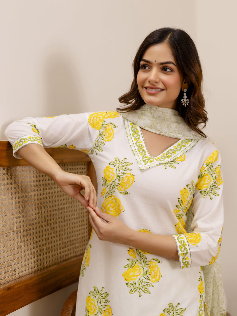 OffWhite Pure Cotton Floral Block Print Kurta Pant with Dupatta Set