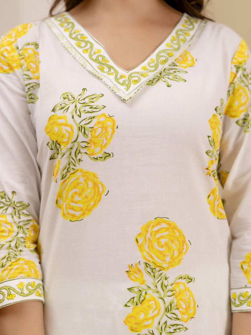 OffWhite Pure Cotton Floral Block Print Kurta Pant with Dupatta Set