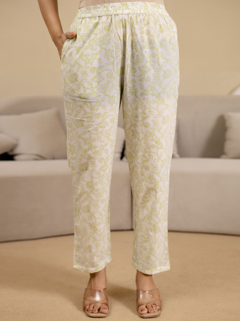 OffWhite Pure Cotton Floral Block Print Kurta Pant with Dupatta Set