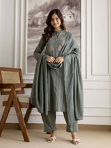 SteelGreen Pure Cotton Weaving Embroidery Kurta Pant with Dupatta Set