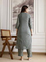 SteelGreen Pure Cotton Weaving Embroidery Kurta Pant with Dupatta Set