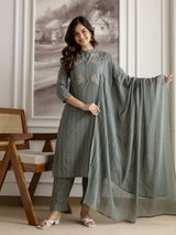 SteelGreen Pure Cotton Weaving Embroidery Kurta Pant with Dupatta Set