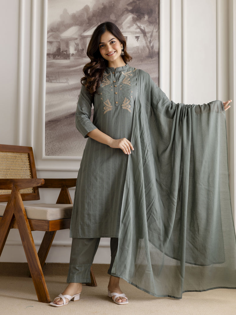 SteelGreen Pure Cotton Weaving Embroidery Kurta Pant with Dupatta Set