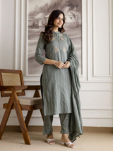 SteelGreen Pure Cotton Weaving Embroidery Kurta Pant with Dupatta Set