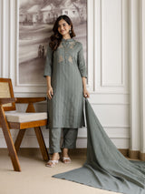 SteelGreen Pure Cotton Weaving Embroidery Kurta Pant with Dupatta Set