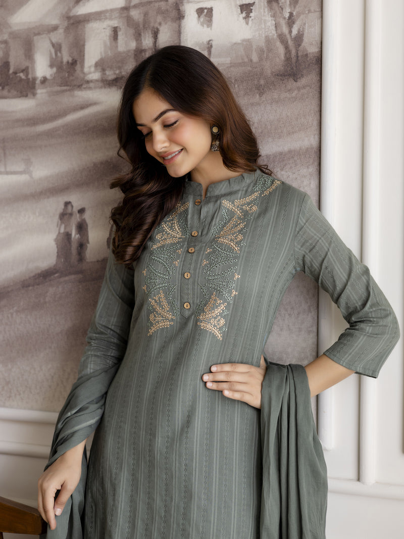 SteelGreen Pure Cotton Weaving Embroidery Kurta Pant with Dupatta Set