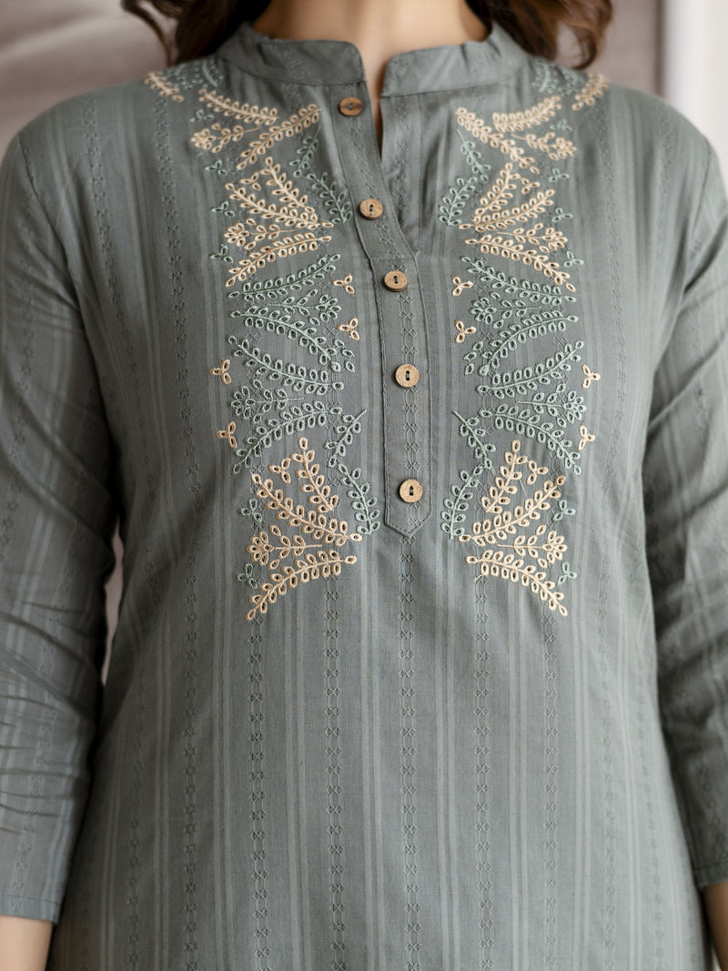SteelGreen Pure Cotton Weaving Embroidery Kurta Pant with Dupatta Set