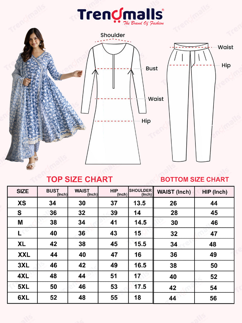 Skyblue Pure Cotton All Over Floral Print Angrakha Kurta Pant with Dupatta Set