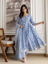 Skyblue Pure Cotton All Over Floral Print Angrakha Kurta Pant with Dupatta Set