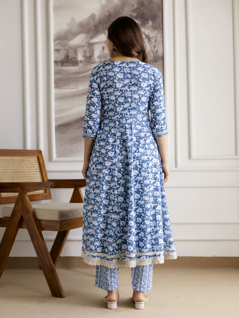 Skyblue Pure Cotton All Over Floral Print Angrakha Kurta Pant with Dupatta Set