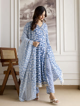 Skyblue Pure Cotton All Over Floral Print Angrakha Kurta Pant with Dupatta Set