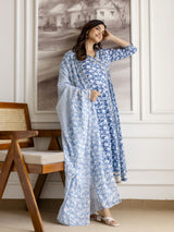 Skyblue Pure Cotton All Over Floral Print Angrakha Kurta Pant with Dupatta Set