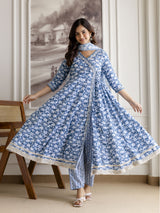 Skyblue Pure Cotton All Over Floral Print Angrakha Kurta Pant with Dupatta Set