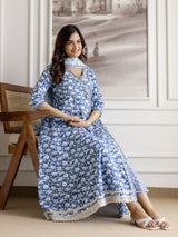 Skyblue Pure Cotton All Over Floral Print Angrakha Kurta Pant with Dupatta Set