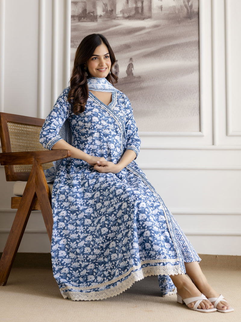 Skyblue Pure Cotton All Over Floral Print Angrakha Kurta Pant with Dupatta Set
