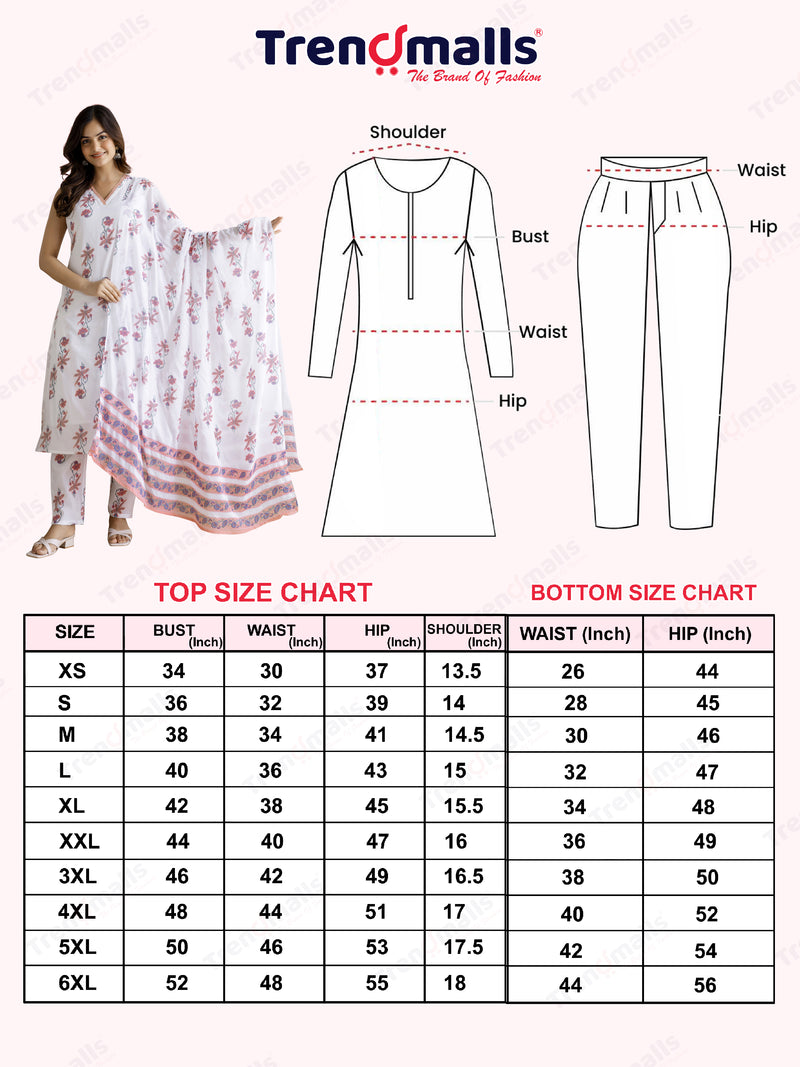 White Pure Cotton Floral Block Print Kurta Pant with Dupatta Set