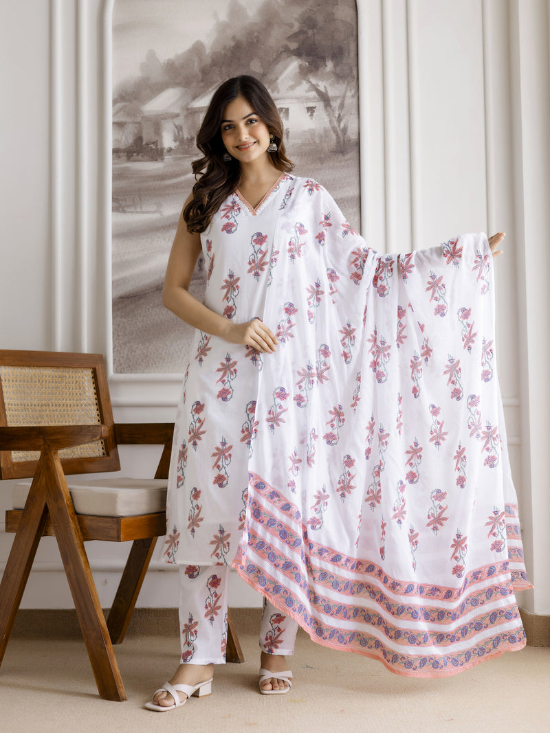 White Pure Cotton Floral Block Print Kurta Pant with Dupatta Set