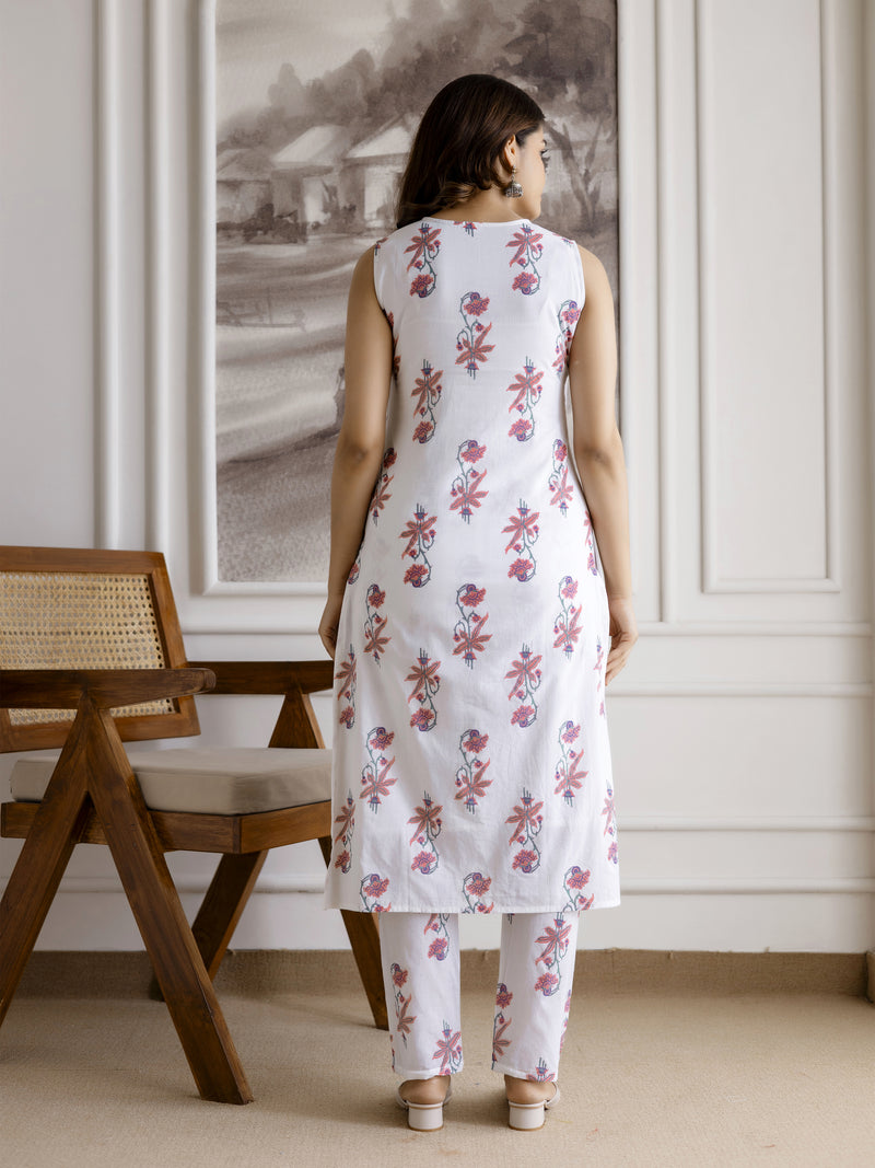 White Pure Cotton Floral Block Print Kurta Pant with Dupatta Set