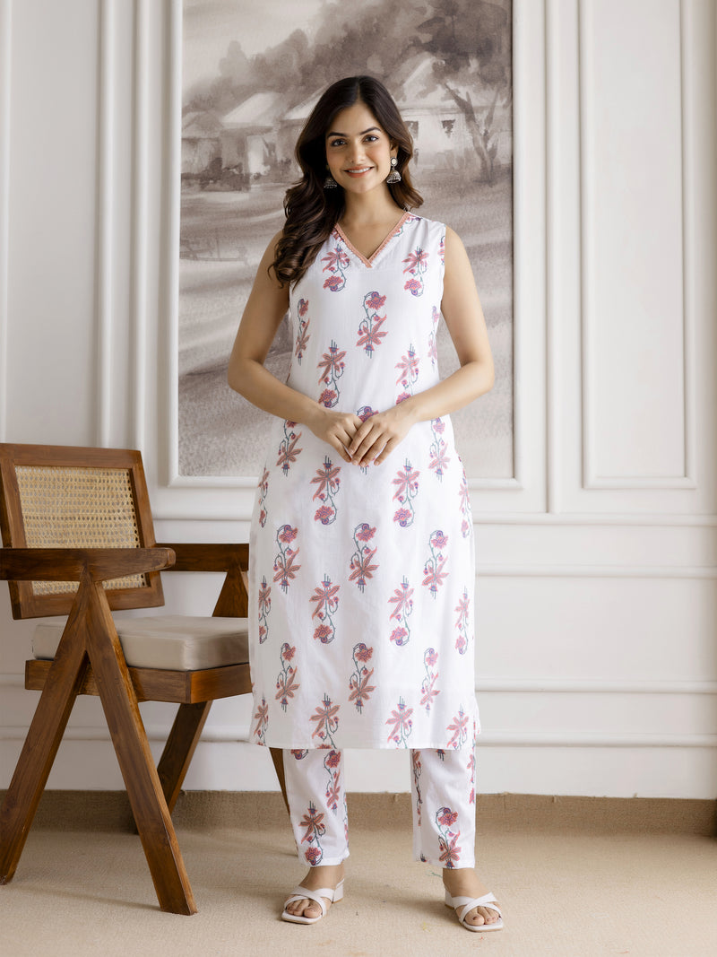 White Pure Cotton Floral Block Print Kurta Pant with Dupatta Set