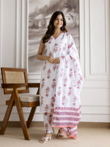 White Pure Cotton Floral Block Print Kurta Pant with Dupatta Set