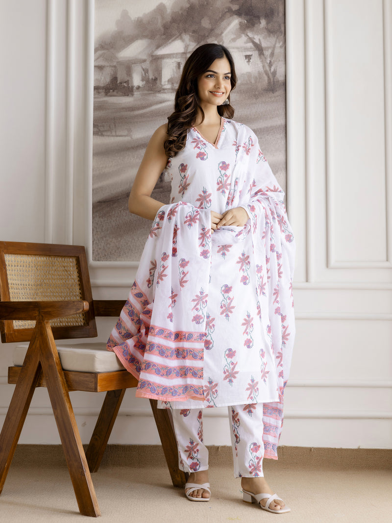 White Pure Cotton Floral Block Print Kurta Pant with Dupatta Set