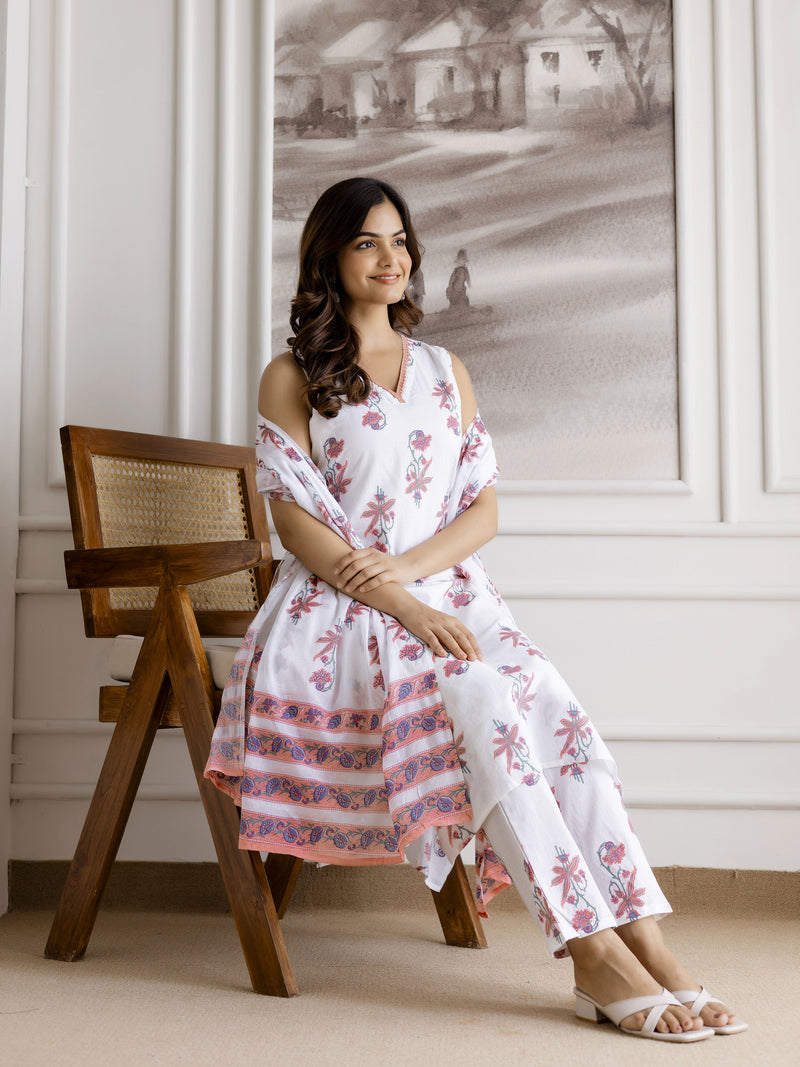 White Pure Cotton Floral Block Print Kurta Pant with Dupatta Set