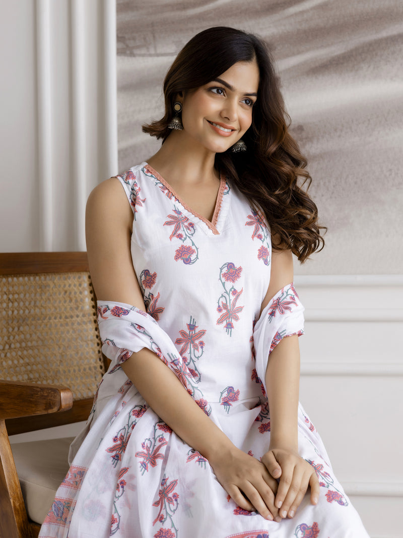 White Pure Cotton Floral Block Print Kurta Pant with Dupatta Set