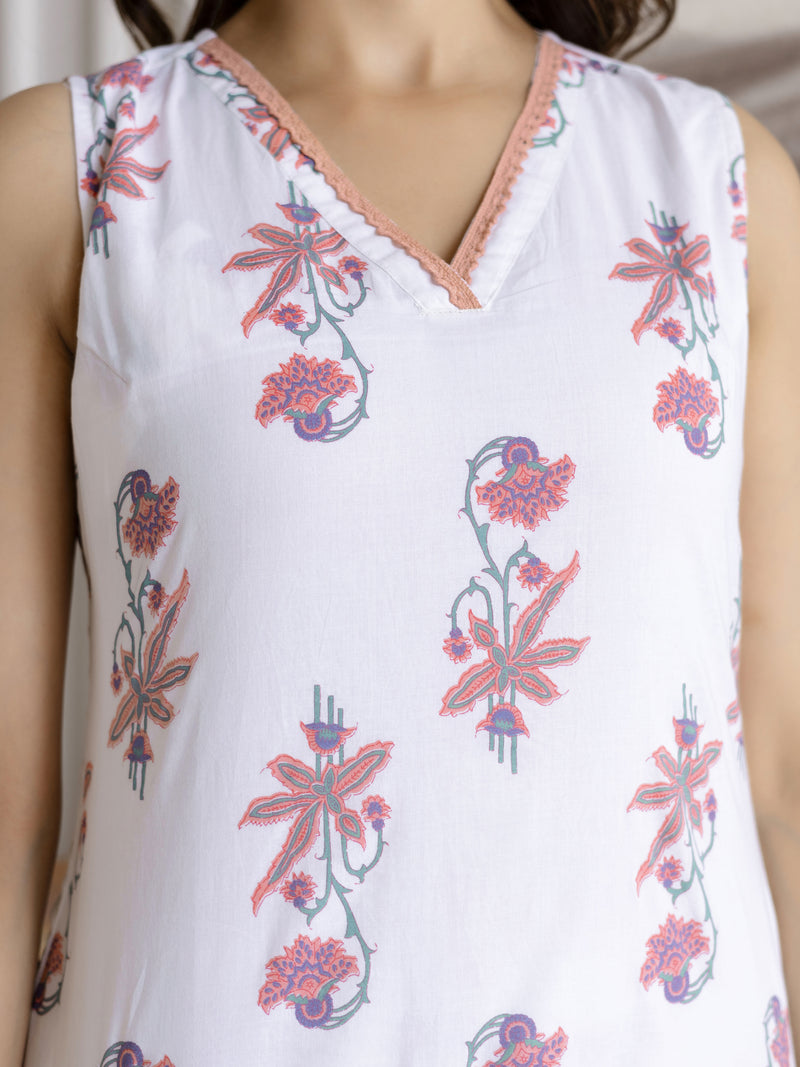 White Pure Cotton Floral Block Print Kurta Pant with Dupatta Set