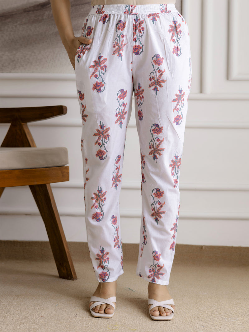 White Pure Cotton Floral Block Print Kurta Pant with Dupatta Set