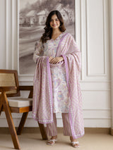 Light Purple Pure Cotton Abstract Floral Print Kurta Pant with Dupatta Set