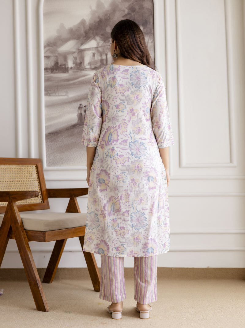 Light Purple Pure Cotton Abstract Floral Print Kurta Pant with Dupatta Set