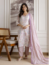Light Purple Pure Cotton Abstract Floral Print Kurta Pant with Dupatta Set