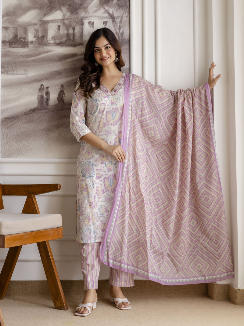 Light Purple Pure Cotton Abstract Floral Print Kurta Pant with Dupatta Set