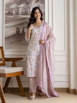 Light Purple Pure Cotton Abstract Floral Print Kurta Pant with Dupatta Set