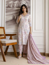 Light Purple Pure Cotton Abstract Floral Print Kurta Pant with Dupatta Set