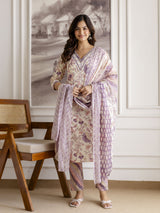 Offwhite Pure Cotton Floral Vine Print Kurta Pant with Dupatta Set