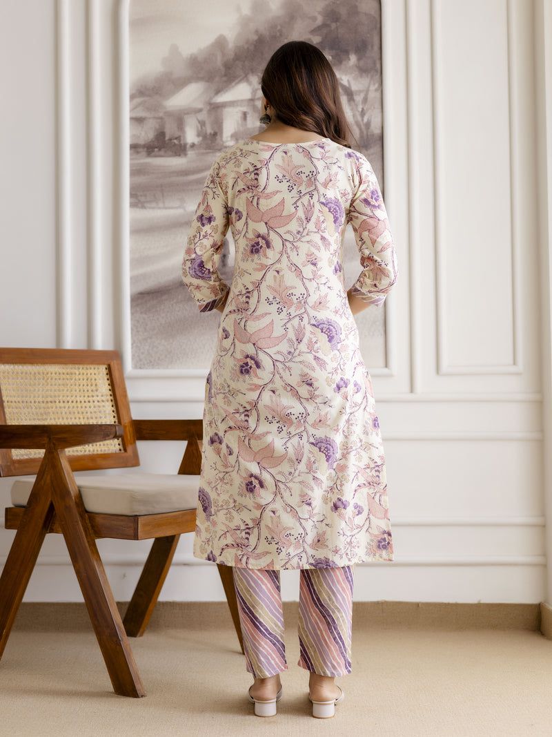 Offwhite Pure Cotton Floral Vine Print Kurta Pant with Dupatta Set