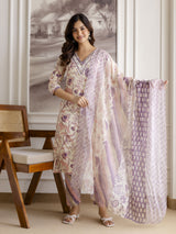 Offwhite Pure Cotton Floral Vine Print Kurta Pant with Dupatta Set