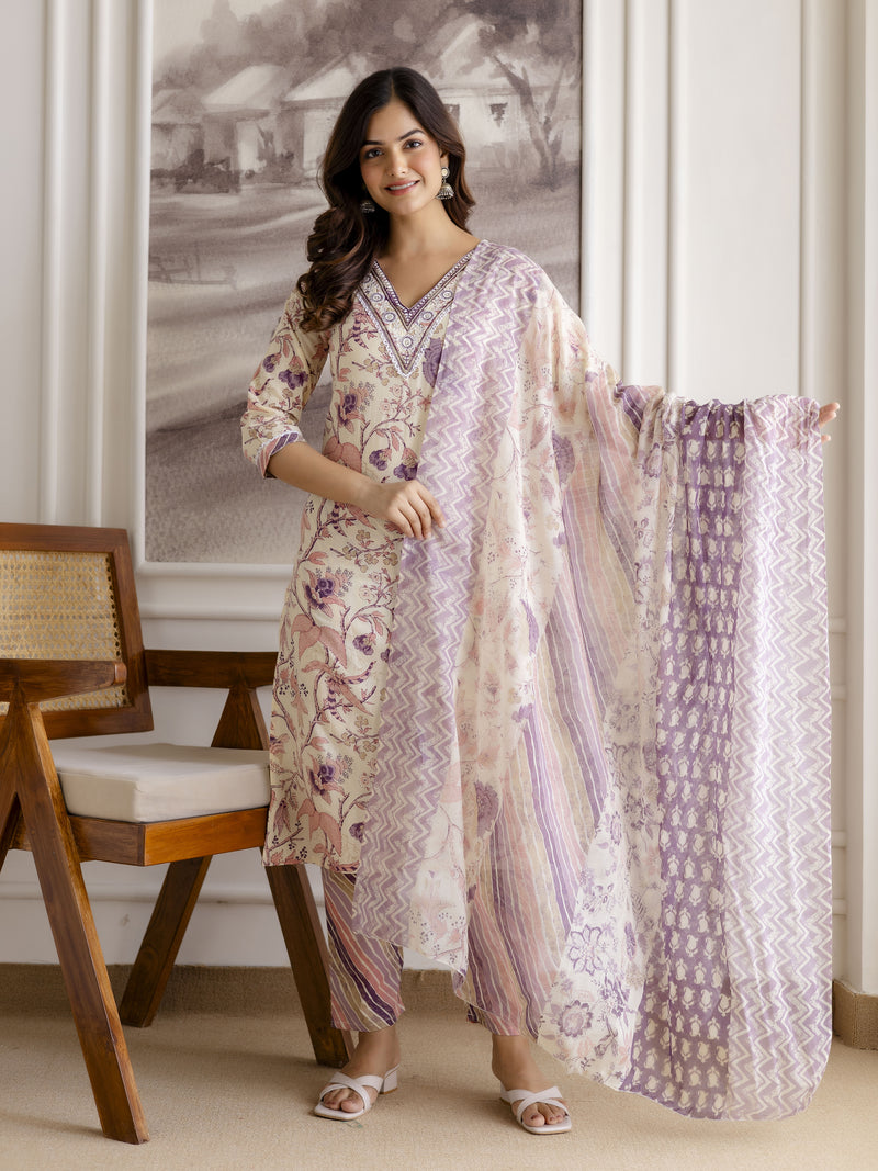 Offwhite Pure Cotton Floral Vine Print Kurta Pant with Dupatta Set