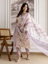 Offwhite Pure Cotton Floral Vine Print Kurta Pant with Dupatta Set