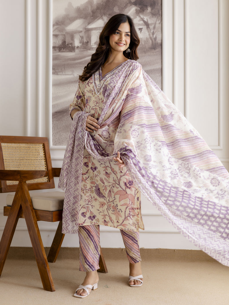 Offwhite Pure Cotton Floral Vine Print Kurta Pant with Dupatta Set