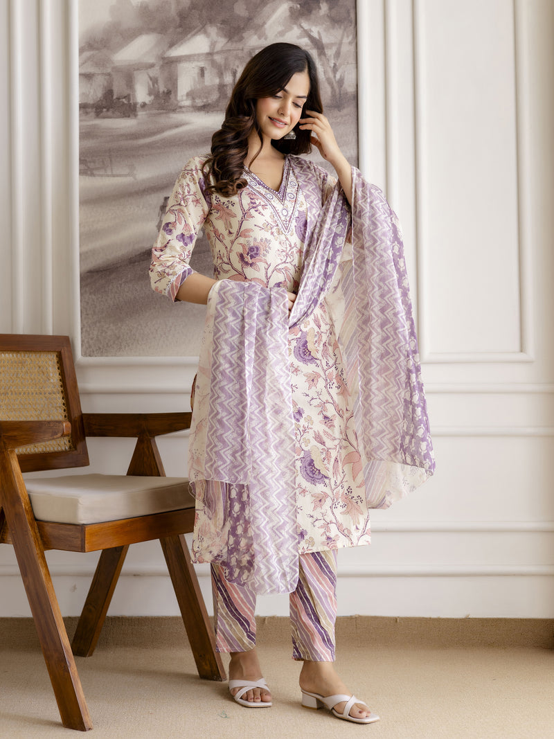 Offwhite Pure Cotton Floral Vine Print Kurta Pant with Dupatta Set