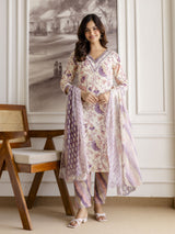 Offwhite Pure Cotton Floral Vine Print Kurta Pant with Dupatta Set