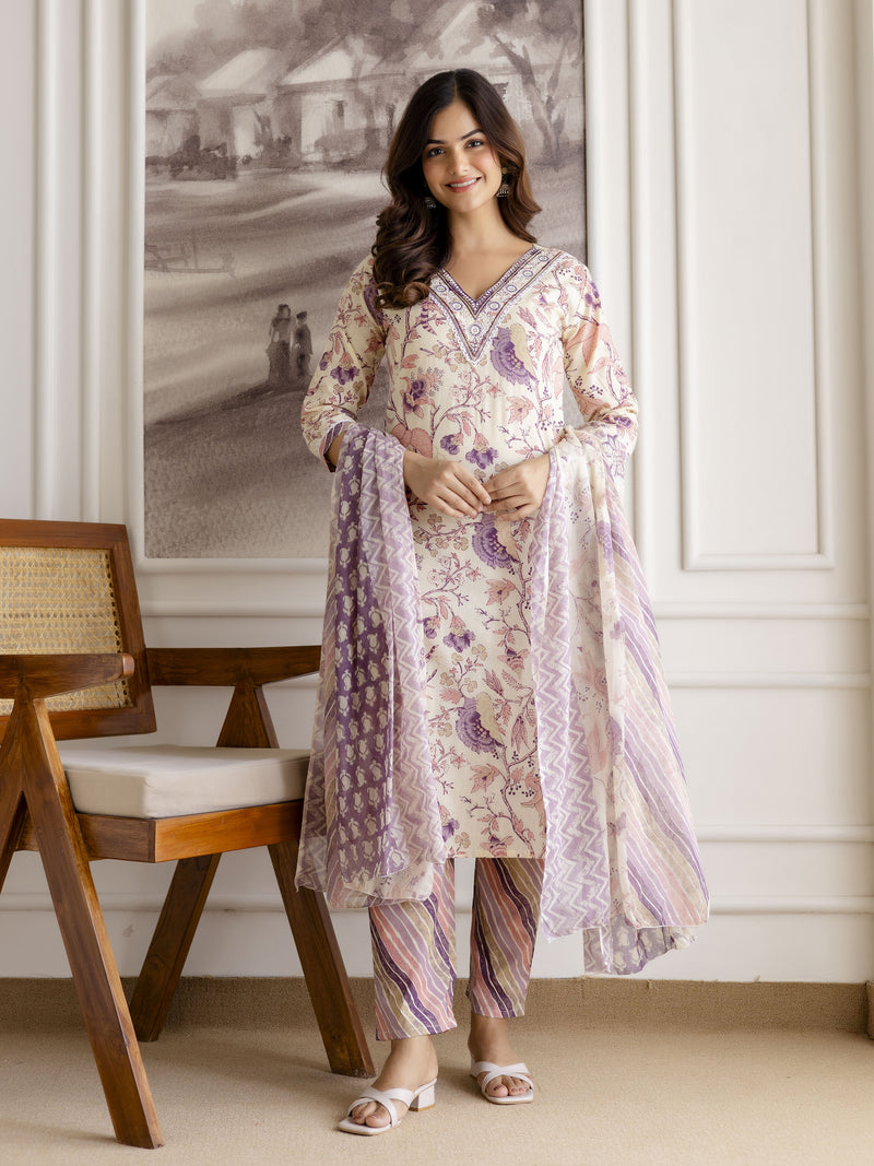 Offwhite Pure Cotton Floral Vine Print Kurta Pant with Dupatta Set