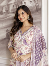 Offwhite Pure Cotton Floral Vine Print Kurta Pant with Dupatta Set