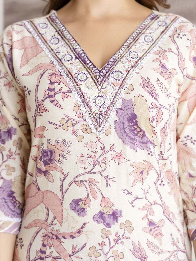 Offwhite Pure Cotton Floral Vine Print Kurta Pant with Dupatta Set